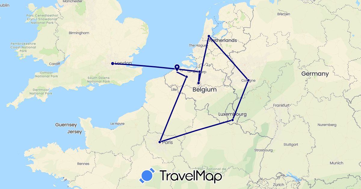 TravelMap itinerary: driving in Belgium, Germany, France, United Kingdom, Luxembourg, Netherlands (Europe)